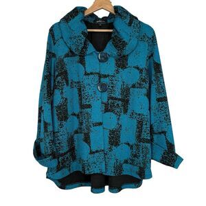 Yushi Women's Textured Jacket Size L Blue Black Big Button Art to Wear Artsy